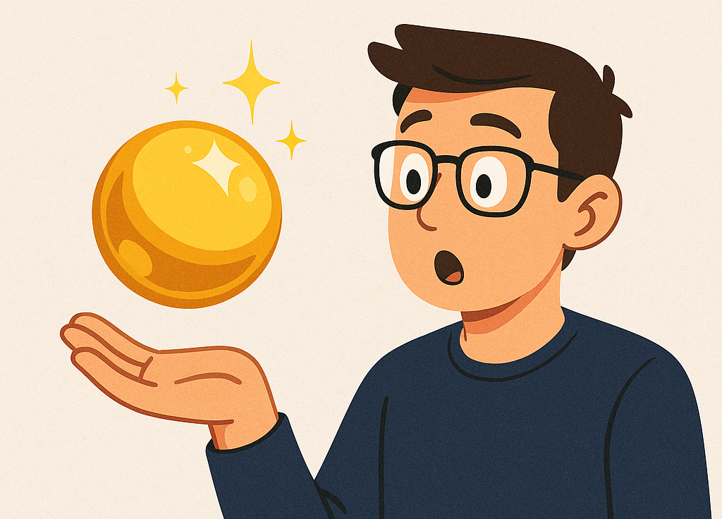A surprised developer holding a glowing golden orb